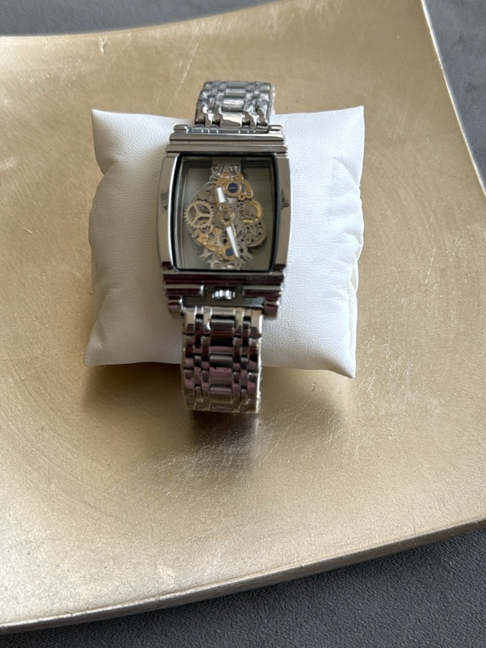 Men’s Watch Timepiece NEW Silver Tone Skeleton Dial Rectangular Case Fathers Day